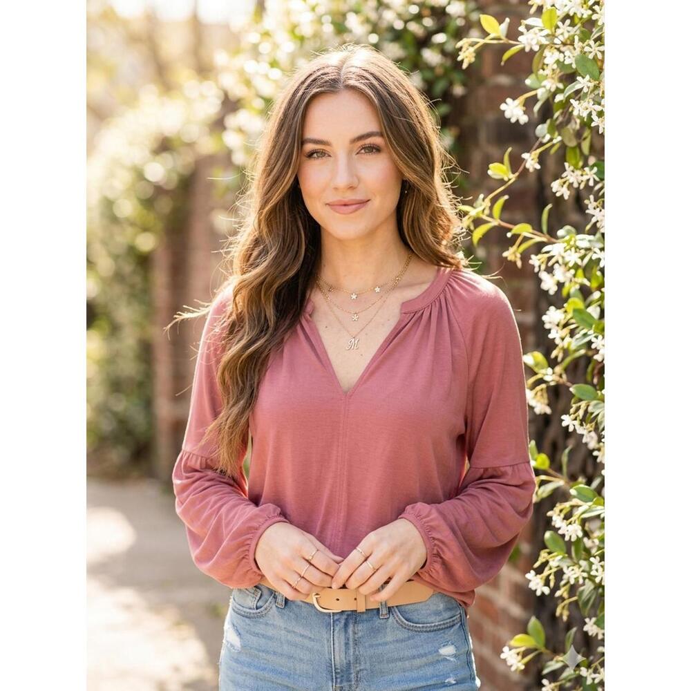 Lucky Brand Women's Long Sleeve V-Neck Blouse Pink Size S